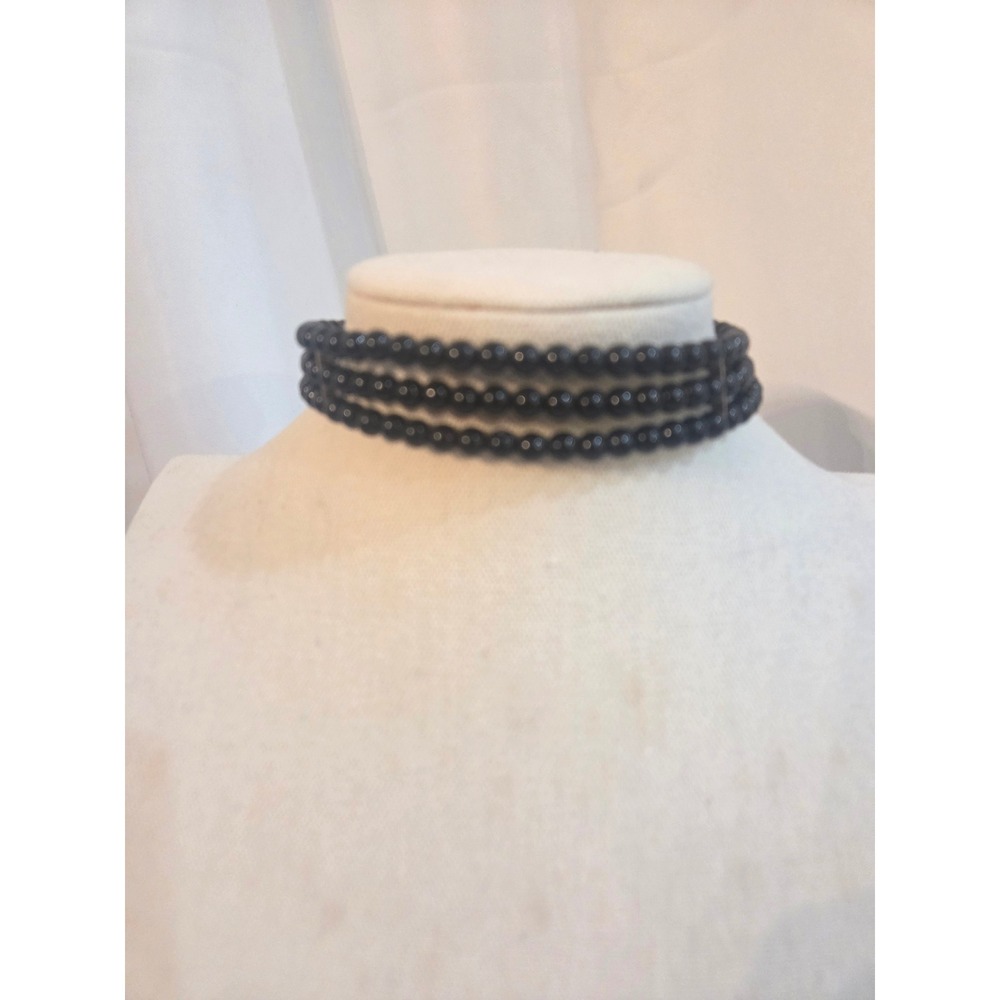 Vintage Black Triple Strand Beaded Choker Necklace Gold Tone Clasp Adjustable
